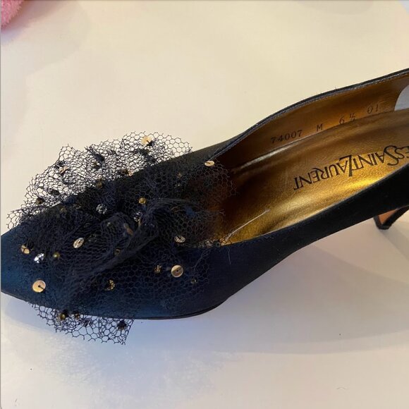 Yves Saint Laurent YSL VINTAGE 80's Size 6 1/2 Black Heels Tulle Sequin Pom RARE - Picture 9 of 12